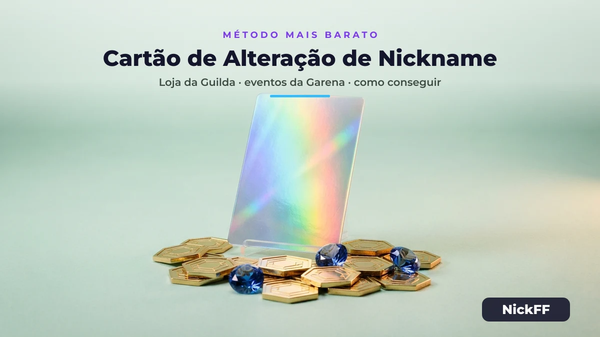 Cartão de Alteração de Nickname do Free Fire ao lado de Tokens de Guilda e diamantes