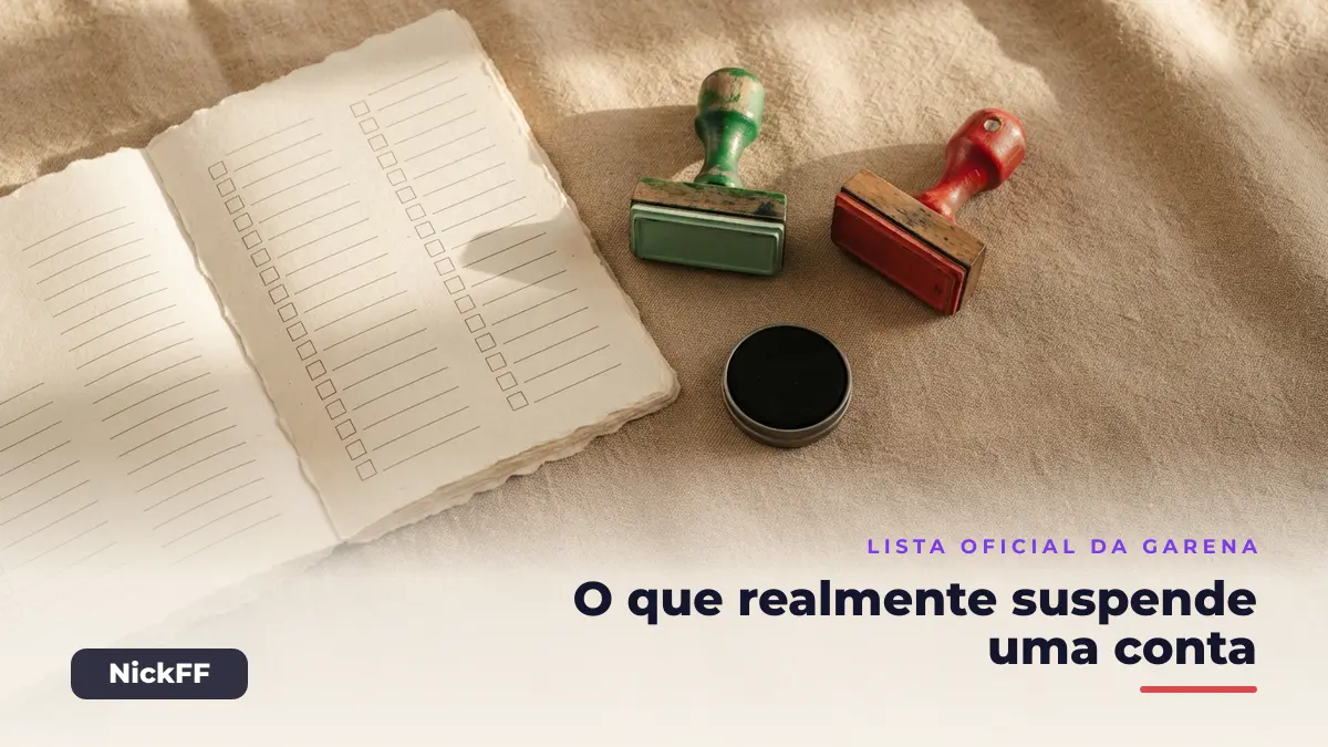 Lista com carimbos de aprovado e reprovado representando as regras da Garena sobre nomes ofensivos no Free Fire